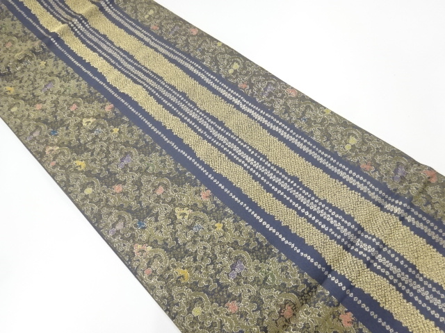 リサイクル　縞に花唐草模様織出し袋帯